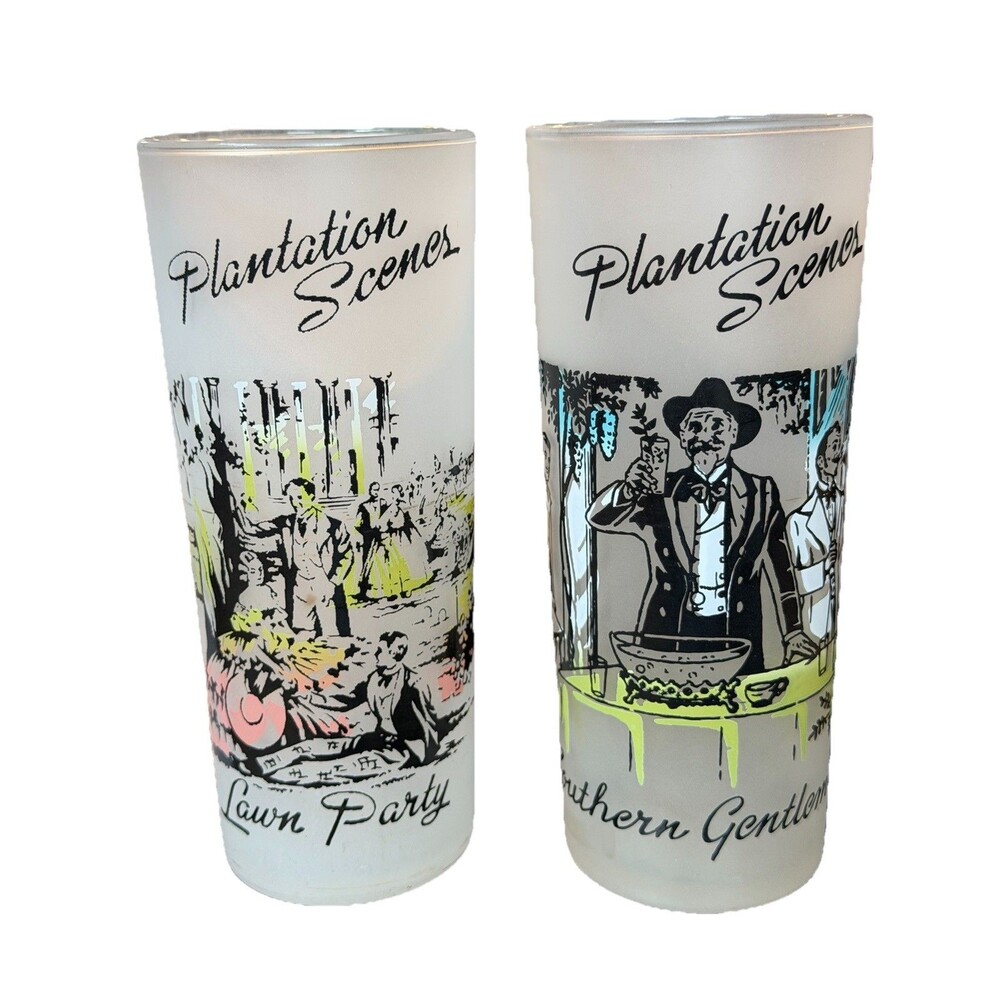 Libbey Plantation Scenes Frosted Glasses Lawn Party & Southern Gentlemen